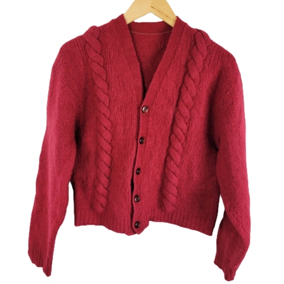 Vintage Sweaters - Vintage red 100% wool cable knit cardigan sweater